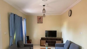 Una sala de estar con dos sofás grises, una mesa de centro de madera, un televisor sobre un mueble de madera y una araña.