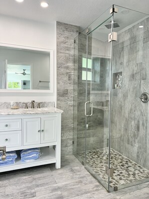 Shower, hair dryer, towels, soap