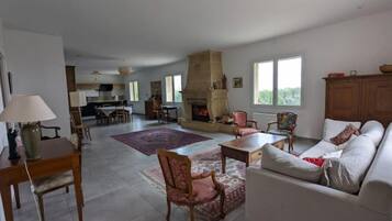 Télévision, cheminée, lecteur de DVD, livres