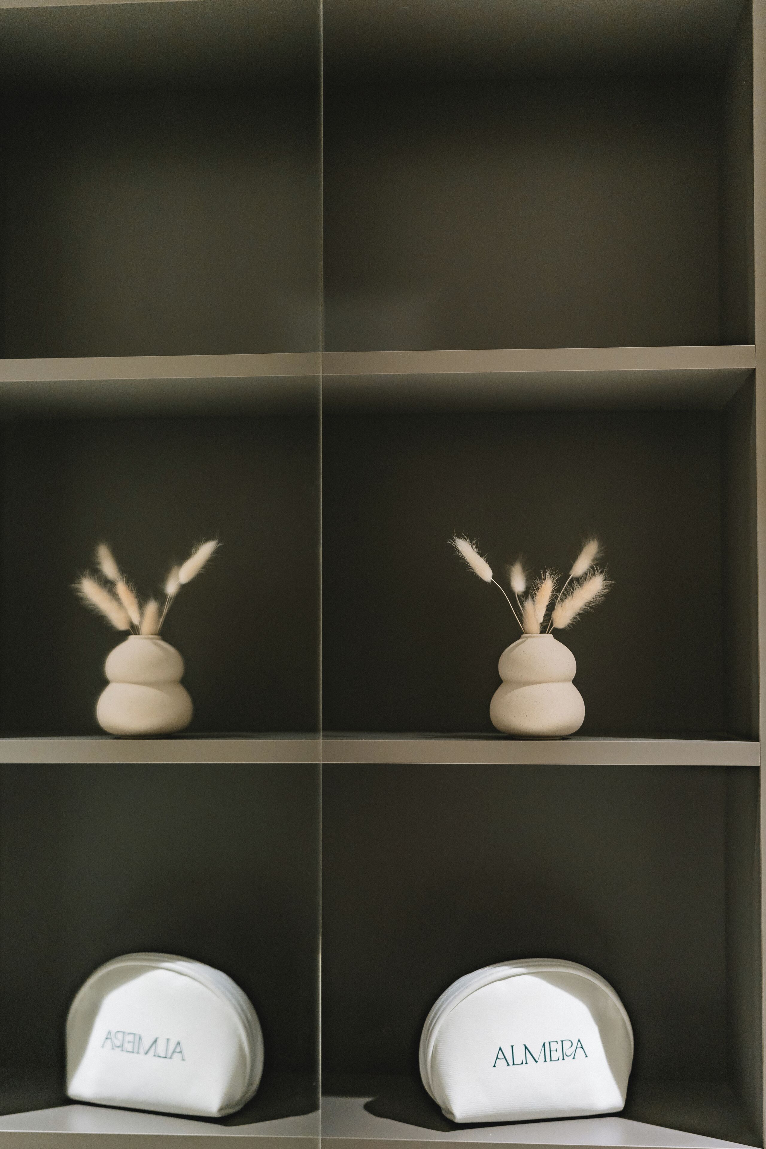 A shelf with two vases of pampas grass and two containers with the brand name "ALMEPA".