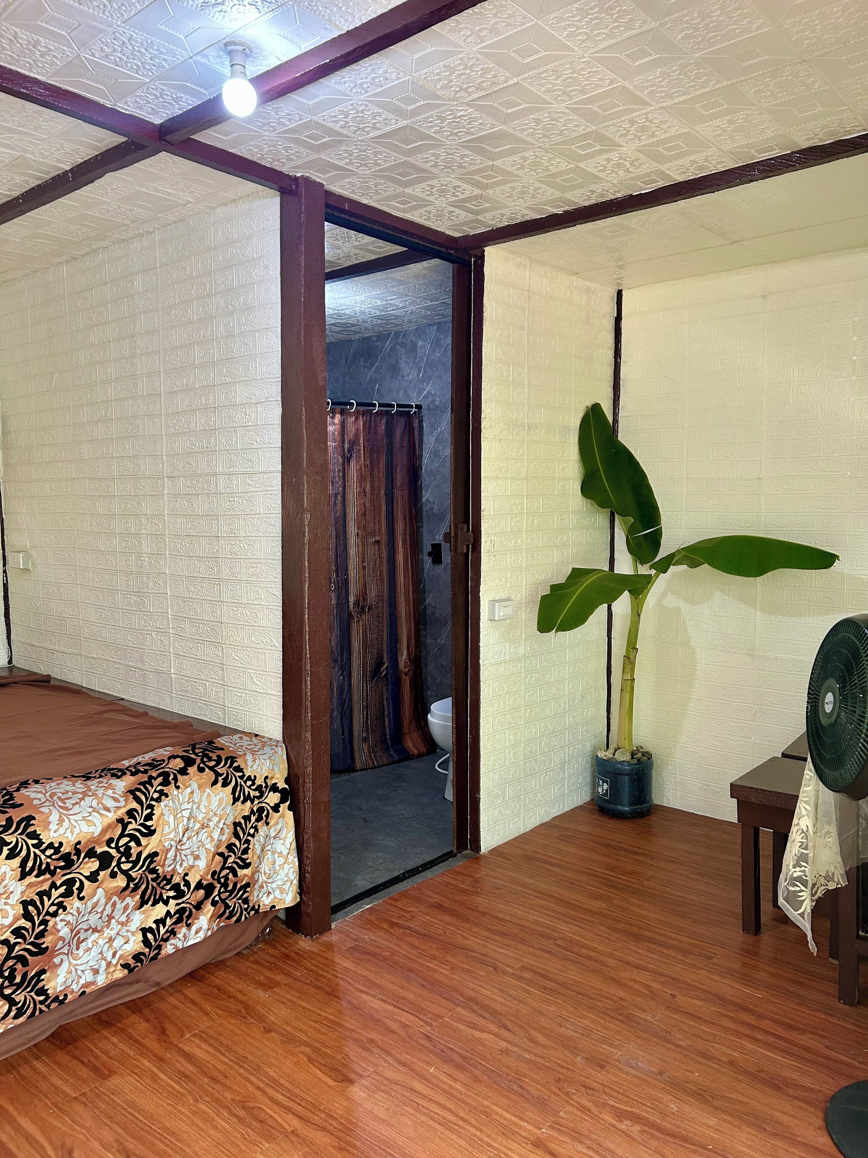 A room with a bed, a potted plant, a fan, and a door leading to another room.