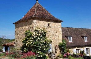 Stunning tower amidst lush greenery, surrounded by a flowering bush and a charming residential building.