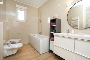 Shower, hair dryer, bidet, towels