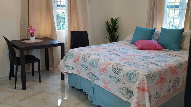 Une chambre avec un lit, un bureau et une chaise. Il y a une fenêtre avec des rideaux, une plante en pot et un appareil de climatisation fixé au mur.