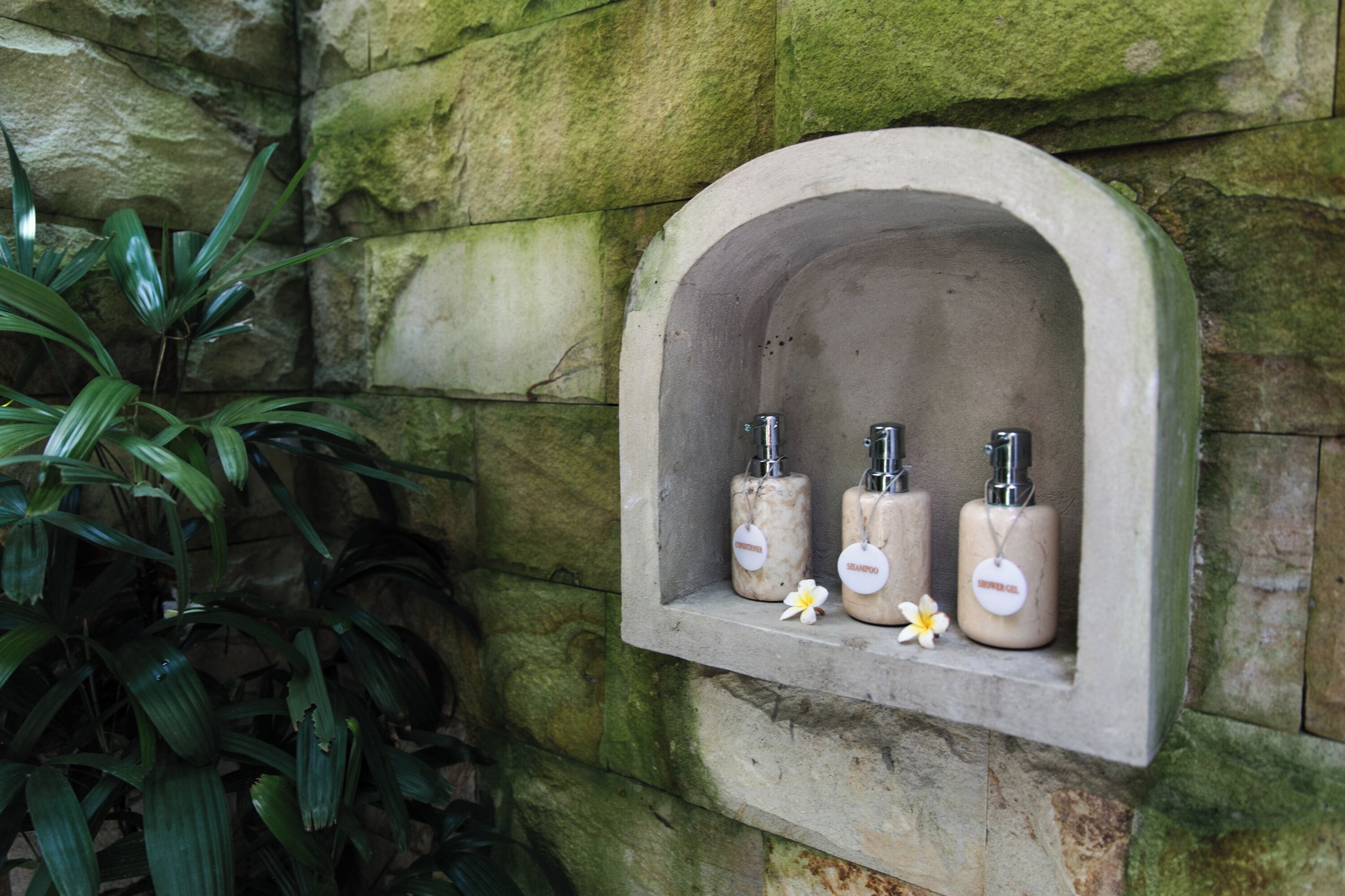 A stone shelf with three bottles labeled 'SHAMPOO' and a flower.