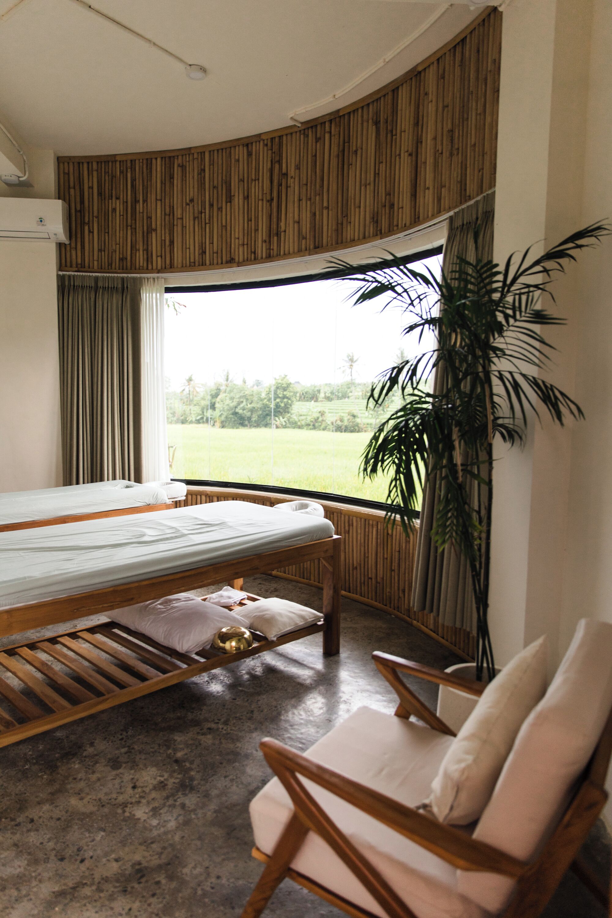 A room with a bed, a chair, a large window, and a potted plant.