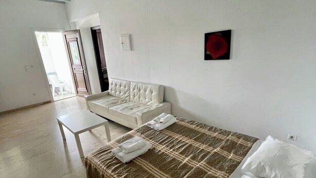 A room with a bed, a sofa, a table, and a door leading outside.