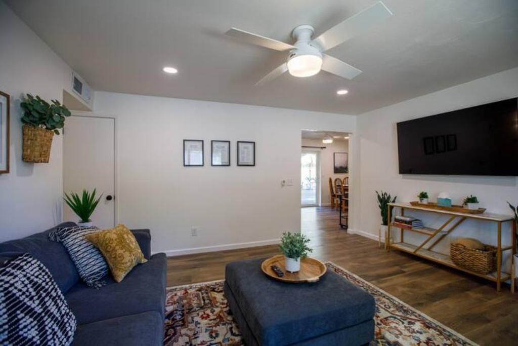 Smart TV, fireplace, video games, DVD player