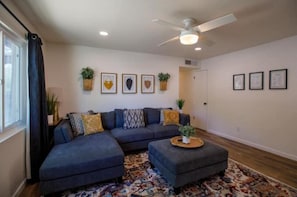 Smart TV, fireplace, video games, DVD player