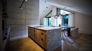 Grand Apartment, Balcony, Mountain View | Living area | 55-inch Smart TV with cable channels, Netflix, heated floors