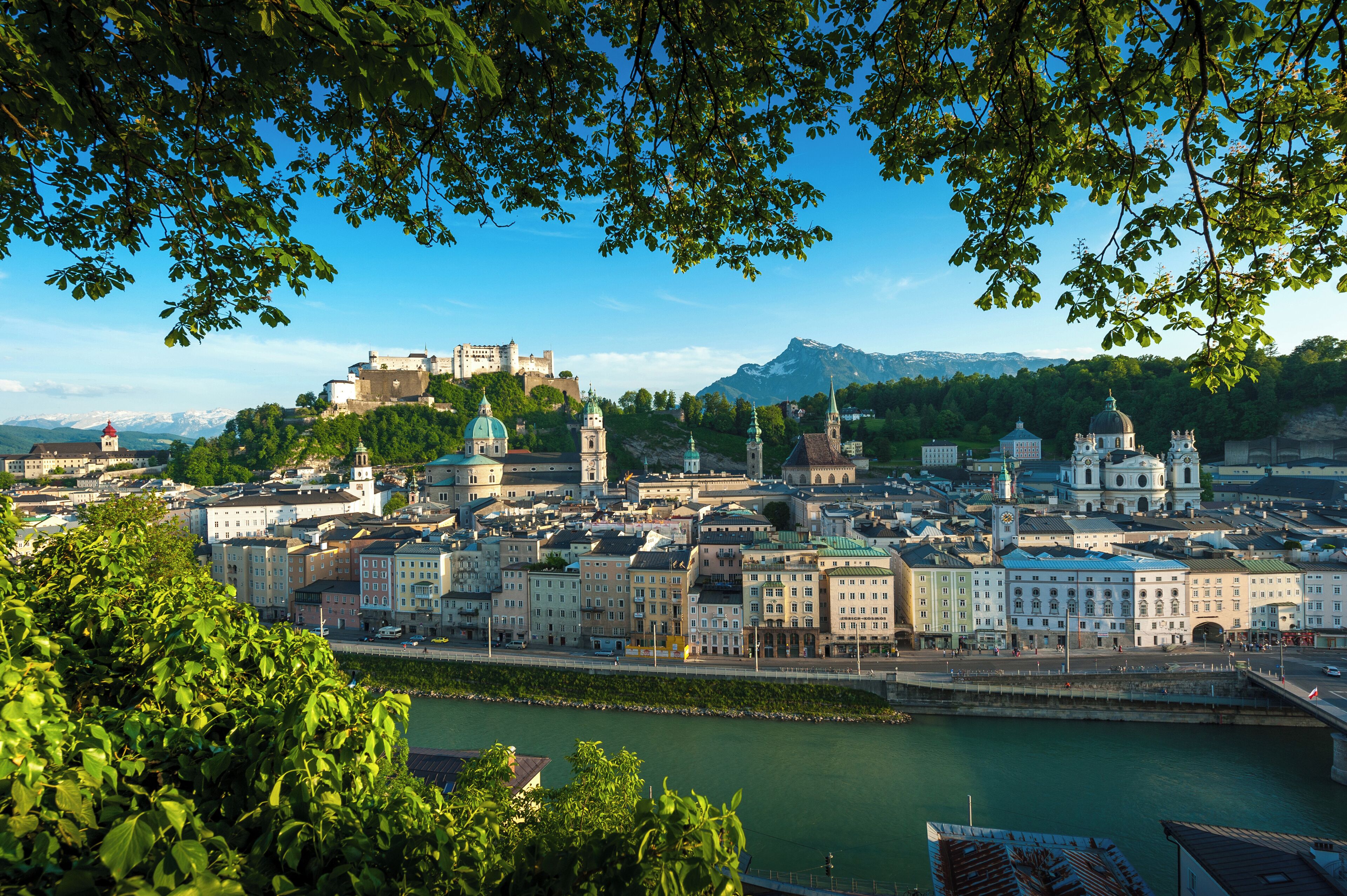 A cityscape with a castle on a hill, a river, and surrounding greenery.