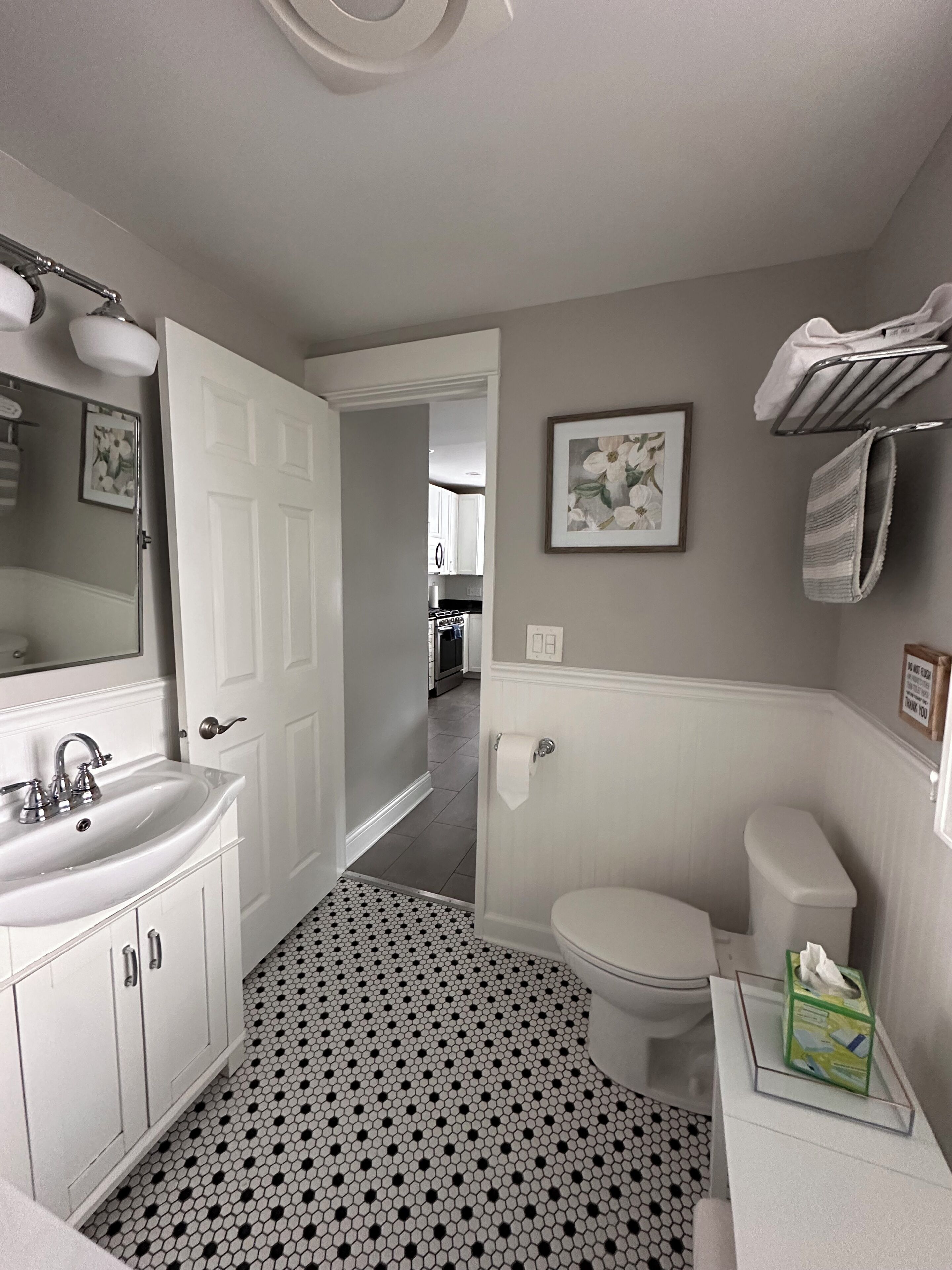 Hair dryer, towels, soap, toilet paper