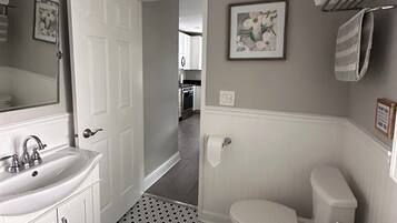 Hair dryer, towels, soap, toilet paper