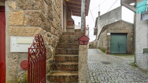Una escala de pedra que porta a un edifici amb una porta metàl·lica i una porta verda.