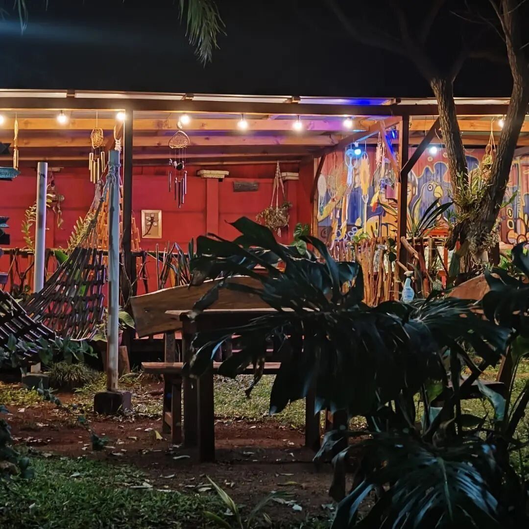 A rustic outdoor seating area with hammocks and a wooden bench, surrounded by lush greenery.