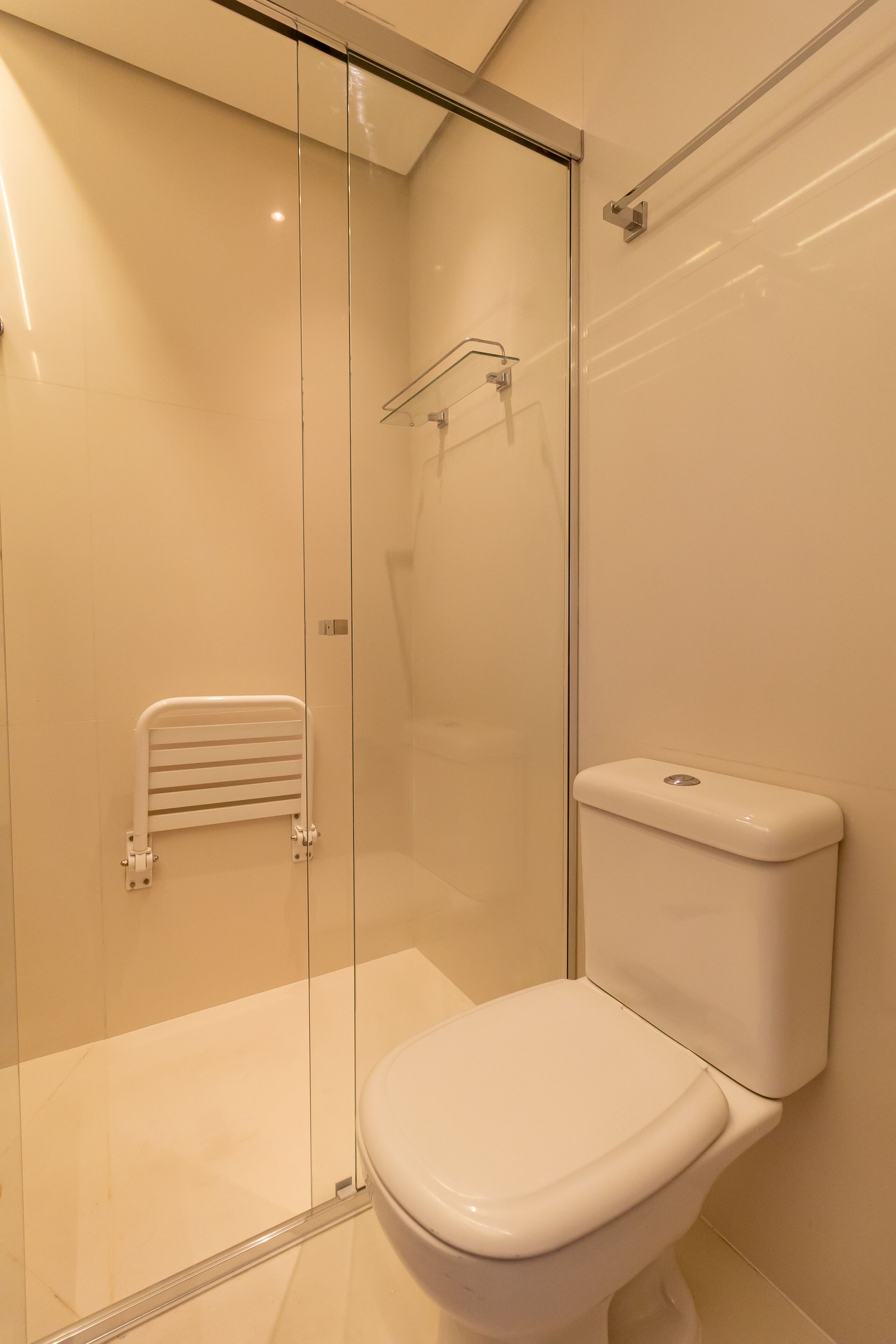 A modern bathroom with a glass-enclosed shower, a white toilet, and a glass shower door.