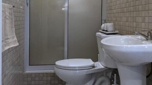 Un bagno con il water, un lavandino e una cabina doccia con pareti in vetro.