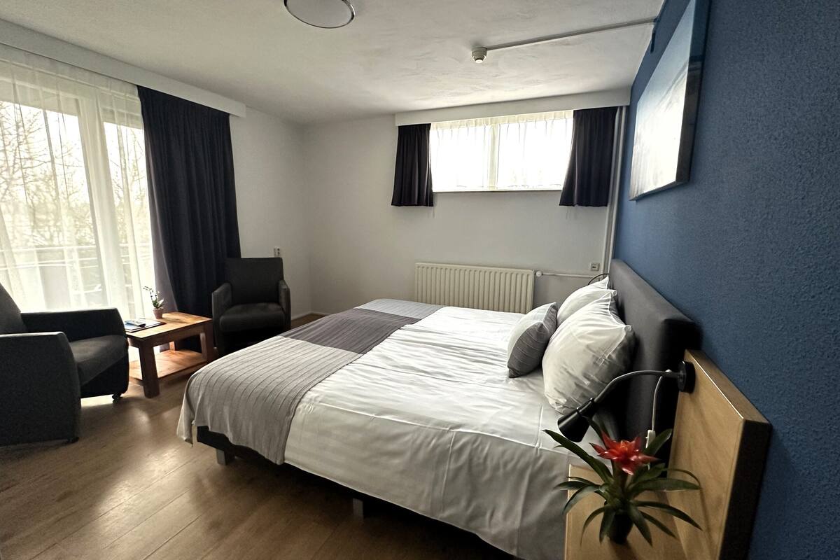 Ein Hotelzimmer mit Bett, Stuhl, kleinem Tisch, Topfpflanze und einem Fenster mit Vorhängen.
