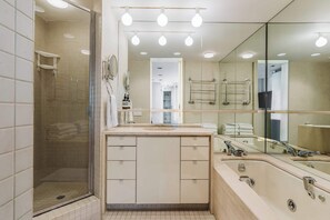 Shower, hair dryer, towels