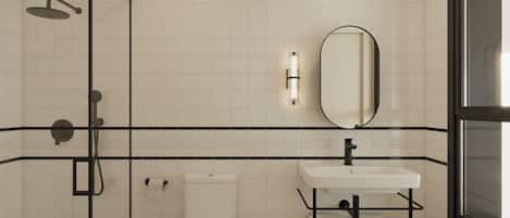 Shower, rainfall showerhead, hair dryer, towels