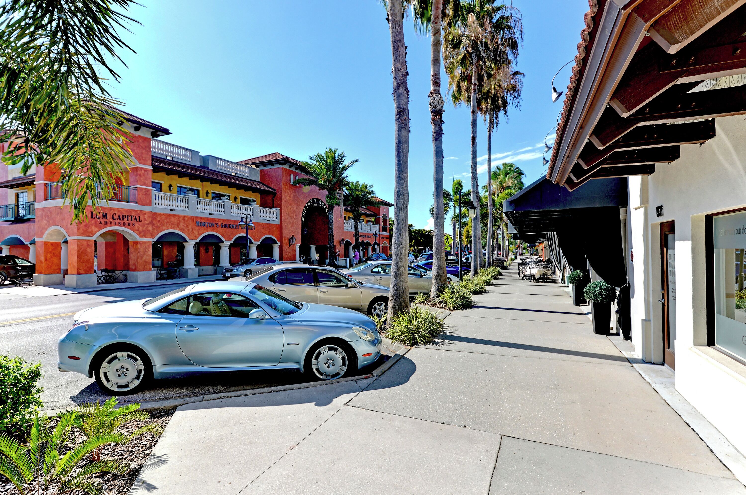 Una calle con coches estacionados, palmeras y edificios con rótulos como 'LMC Capital Advisors' y 'Norton’s Gourmet'.