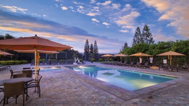 Un área de piscina con sillones de descanso y sombrillas, rodeada de árboles y un patio de piedra.