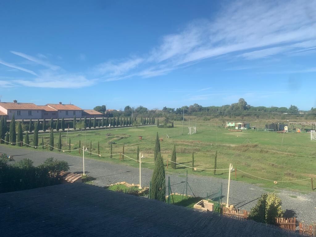 A rural landscape with a field, a row of houses, and a clear sky.