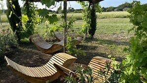 A garden with wooden loungers under a pergola, surrounded by greenery and a field in the background. - Fattoria Palazzeta Pet & Family Friendly (Cecina)