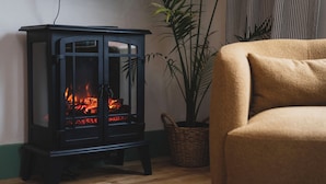 Une pièce avec un poêle à bois noir, un canapé beige et une plante en pot.