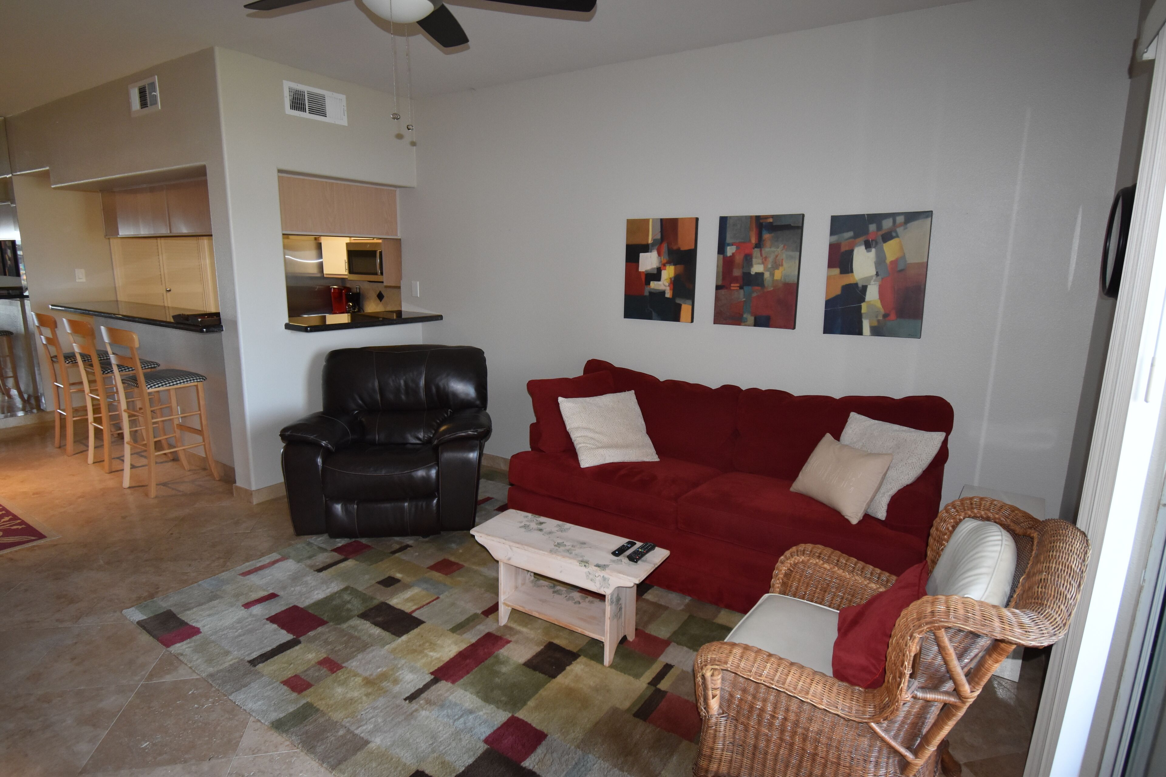 Ground floor, pet friendly condo overlooking marina and lake; easy dock access.