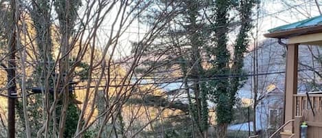 A garden with a stone fountain, a wooden deck, and a metal fence.
