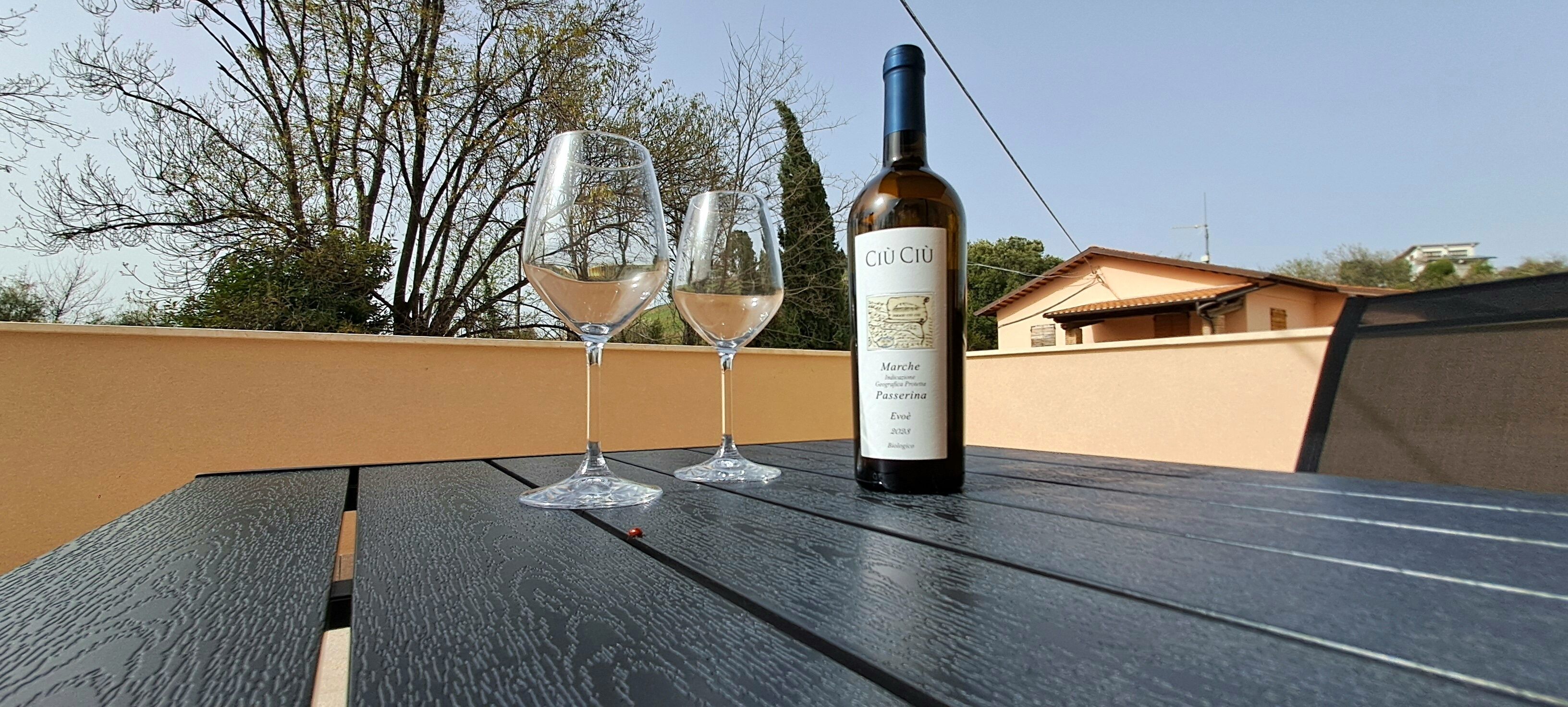 Une bouteille de vin et deux verres sur une table à l’extérieur.