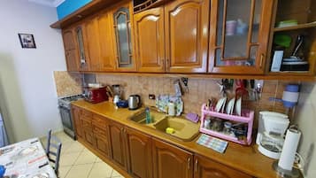 Mini-fridge, toaster, cookware/dishes/utensils