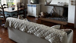 Een gezellige woonkamer met een bank, een televisie, een open haard en een eethoek met een tafel en stoelen.