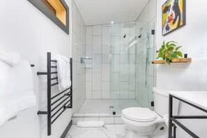 Hair dryer, towels, soap, shampoo