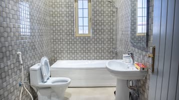 Hair dryer, bidet, towels, soap