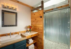 Hair dryer, towels, soap, shampoo