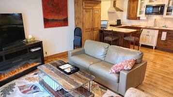 TV connectée, cheminée, livres, chaîne hi-fi