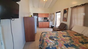 Ein Schlafzimmer mit Bett, Sessel, Fernseher, einer Küchenzeile und Deckenventilator.