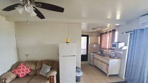 Ein kompakter Wohnraum mit Küchenzeile, Deckenventilator, Sofa mit gemusterten Kissen und einem blauen Teppich mit Muster.