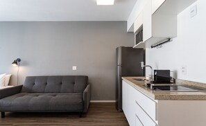 Moderni keittiö, jossa on sisäänrakennettu jääkaappi, mikroaaltouuni ja pesuallas. Olohuoneessa on harmaa sohva.