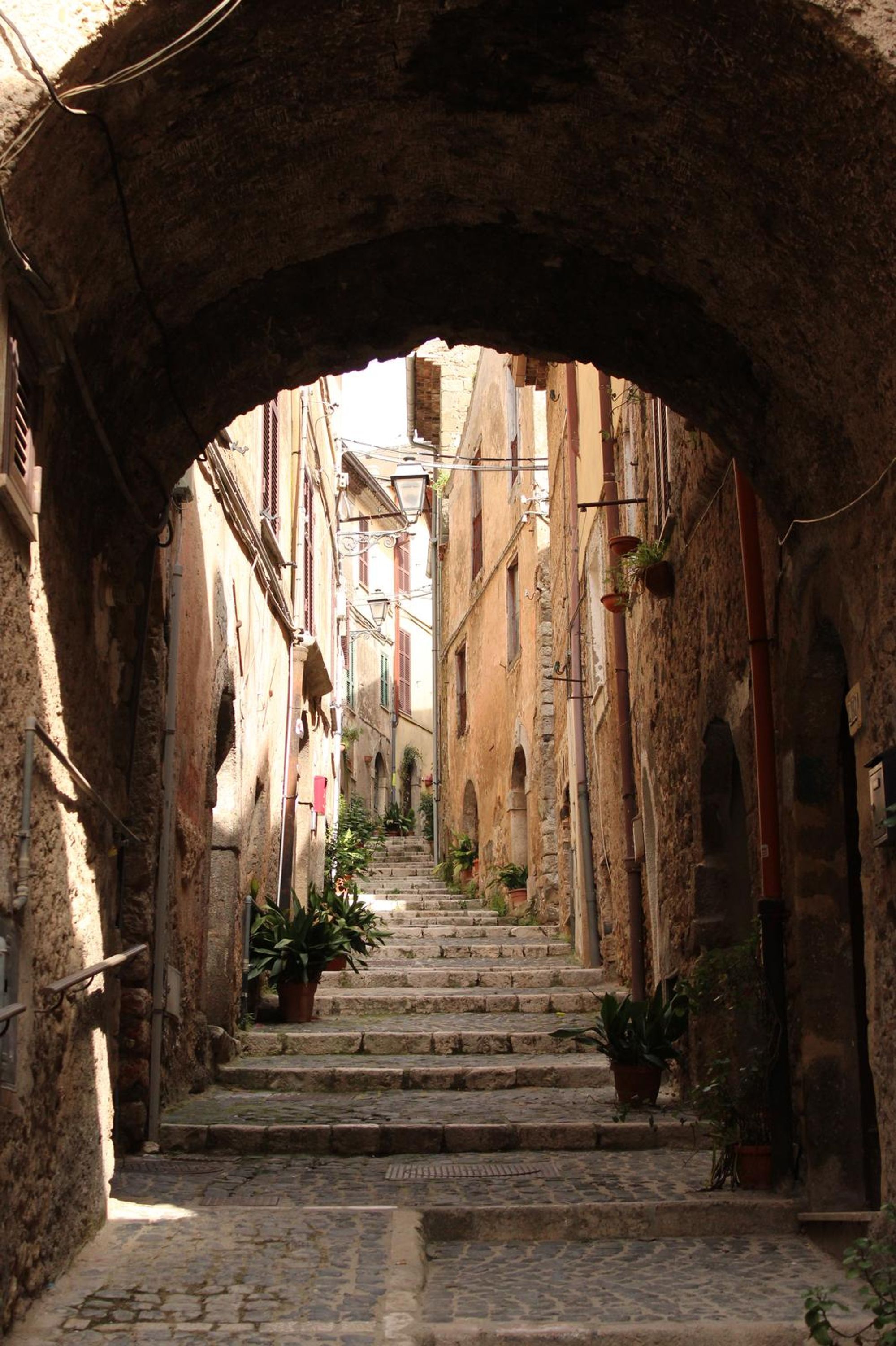 Une ruelle étroite avec des marches en pierre menant à un immeuble, entouré de bâtiments anciens et de plantes en pot.