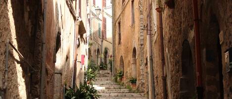 Une ruelle étroite avec des marches en pierre menant à un immeuble, entouré de bâtiments anciens et de plantes en pot.