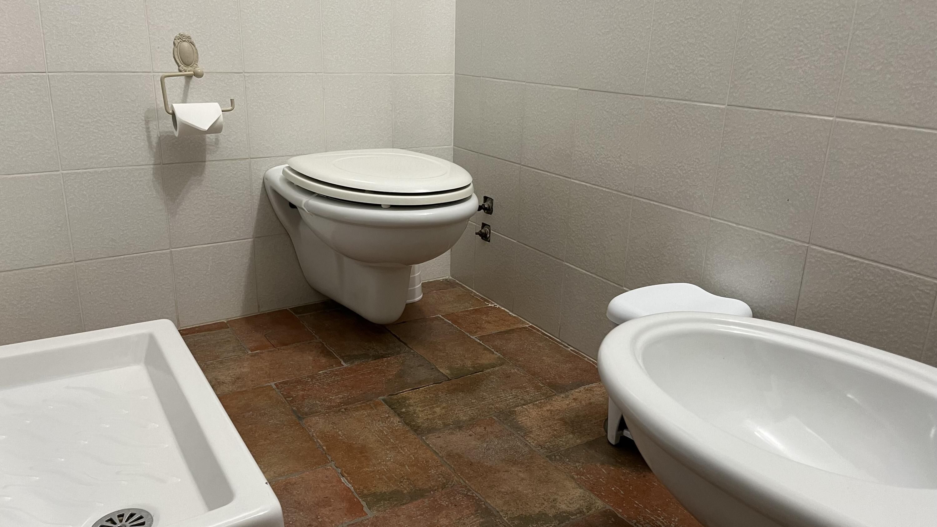 Un baño con inodoro, lavabo y bidé.