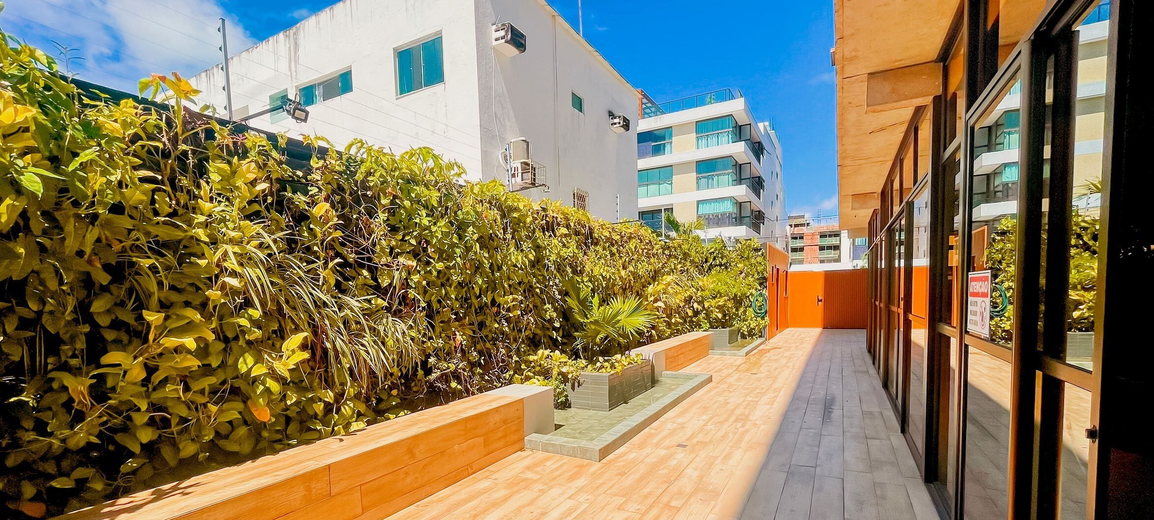 Un pasillo estrecho con suelo de madera, un seto verde y edificios modernos con grandes ventanales y balcones.