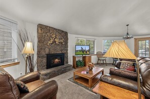 Smart TV, fireplace, books