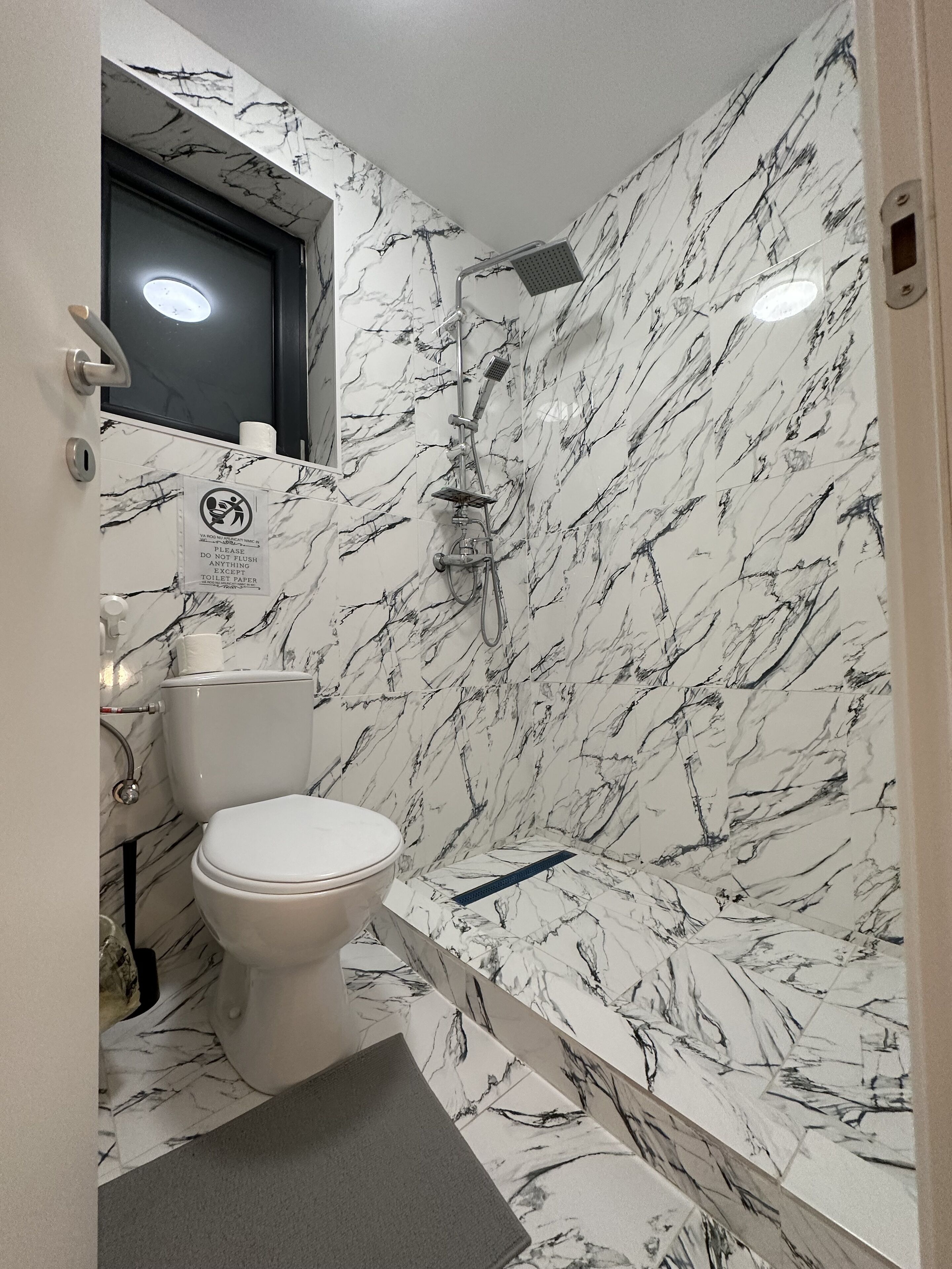 Hair dryer, towels, soap, toilet paper