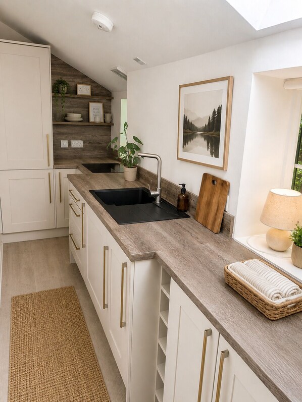 A modern kitchen with white cabinetry, a wooden countertop, a black sink, a wooden cutting board, a framed picture, and a lamp.
