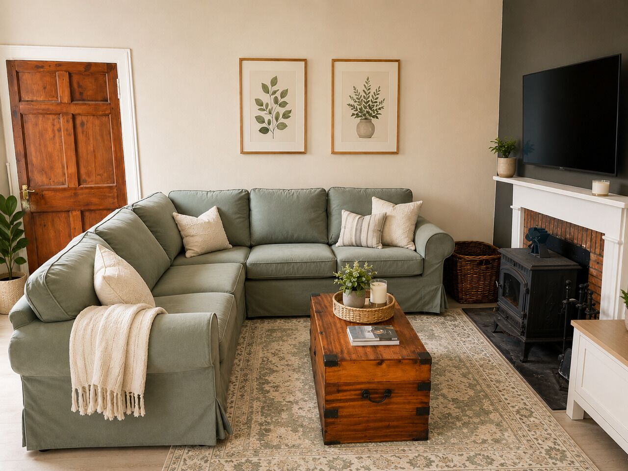 Una sala de estar con un sofá modular, una mesa de centro de madera, una chimenea e impresiones botánicas enmarcadas en la pared.