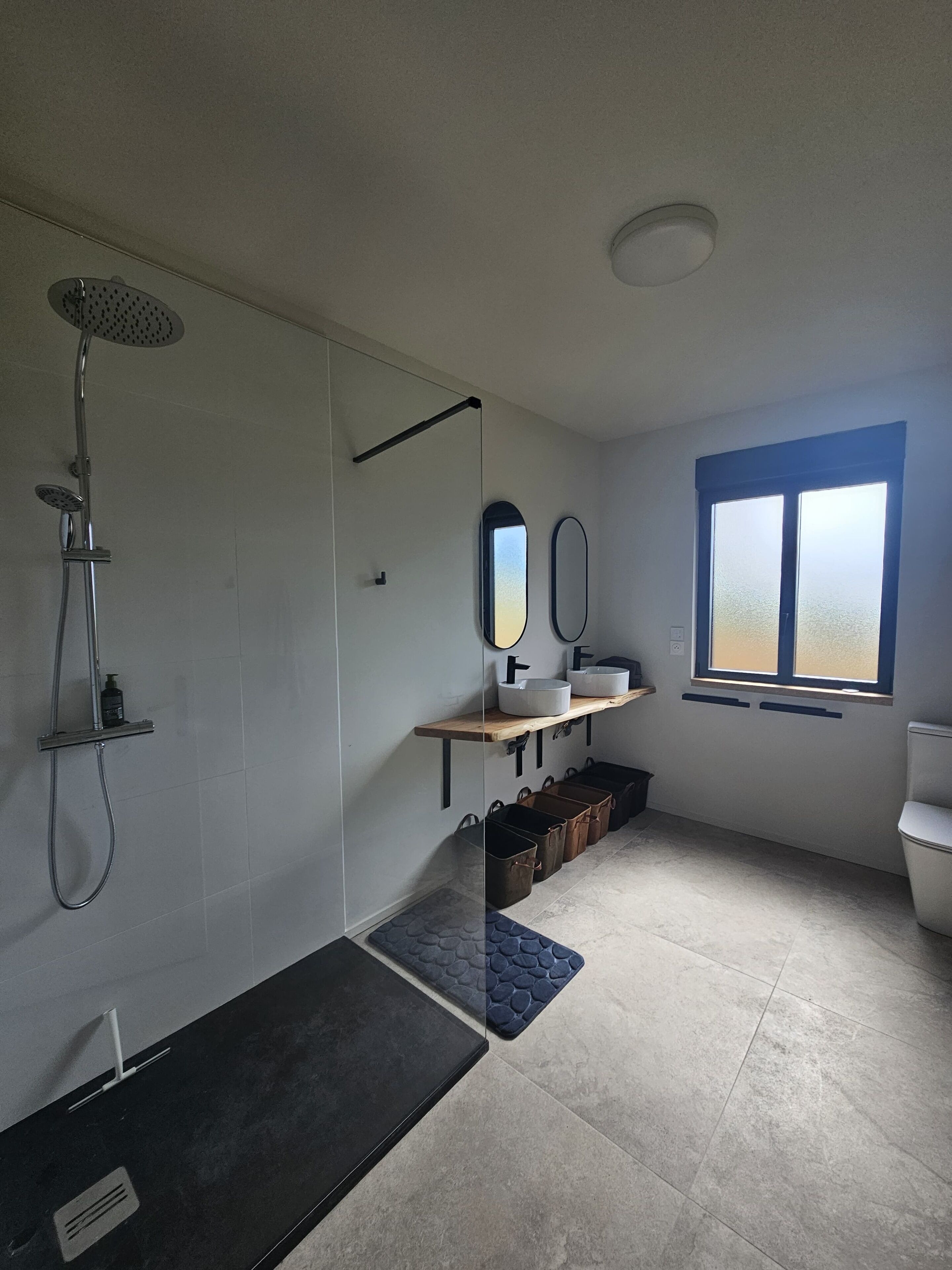 Et moderne badeværelse med bruser, toilet og vaskebord.